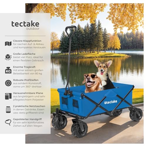 tectake® Faltbarer Bollerwagen, klappbarer Bollerwagen, extra breite Gummireifen, als Einkaufstrolley, Transportwagen, Strandwagen, faltbar und klappbar mit einem Griff, Klappbollerwagen - blau – Bild 3