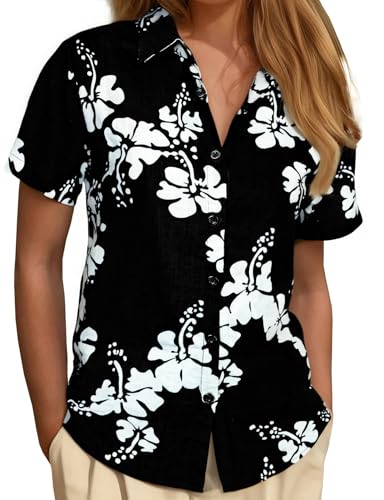 JOGAL Women's Floral Blouse Casual Button Down Short Sleeve Aloha Hawaiian Shirt