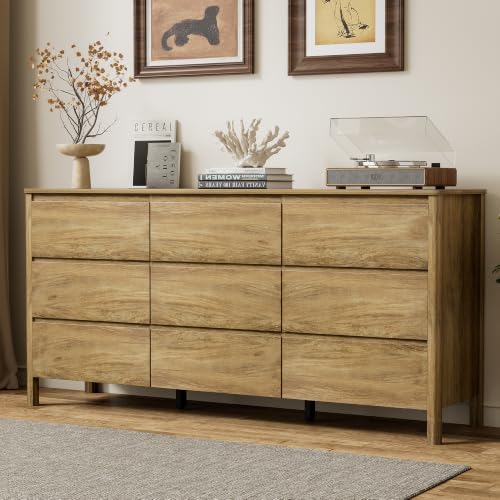 Image of Furniway 63 inch Wide 9 Drawer Wood Dresser for Bedroom with Legs, Natural Oak