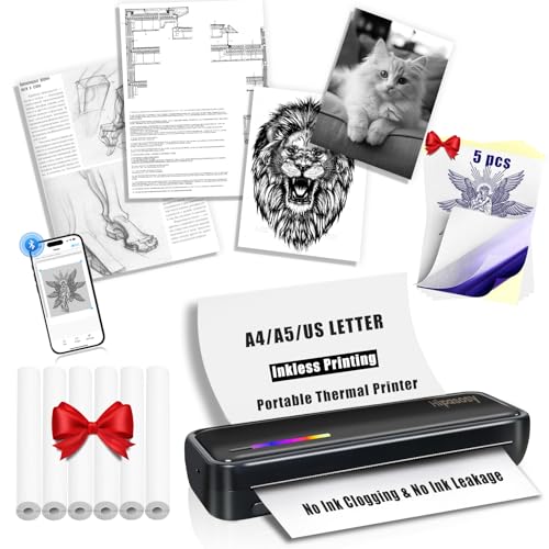 Image of Portable Wireless Thermal Printer for Home & Travel - Mini Bluetooth Inkless Printer Compatible with 8.5 inchx11 inch US Letter & A4 Size- Works with iOS, Android & Laptops - Ideal for Tattoos, Office(Black)
