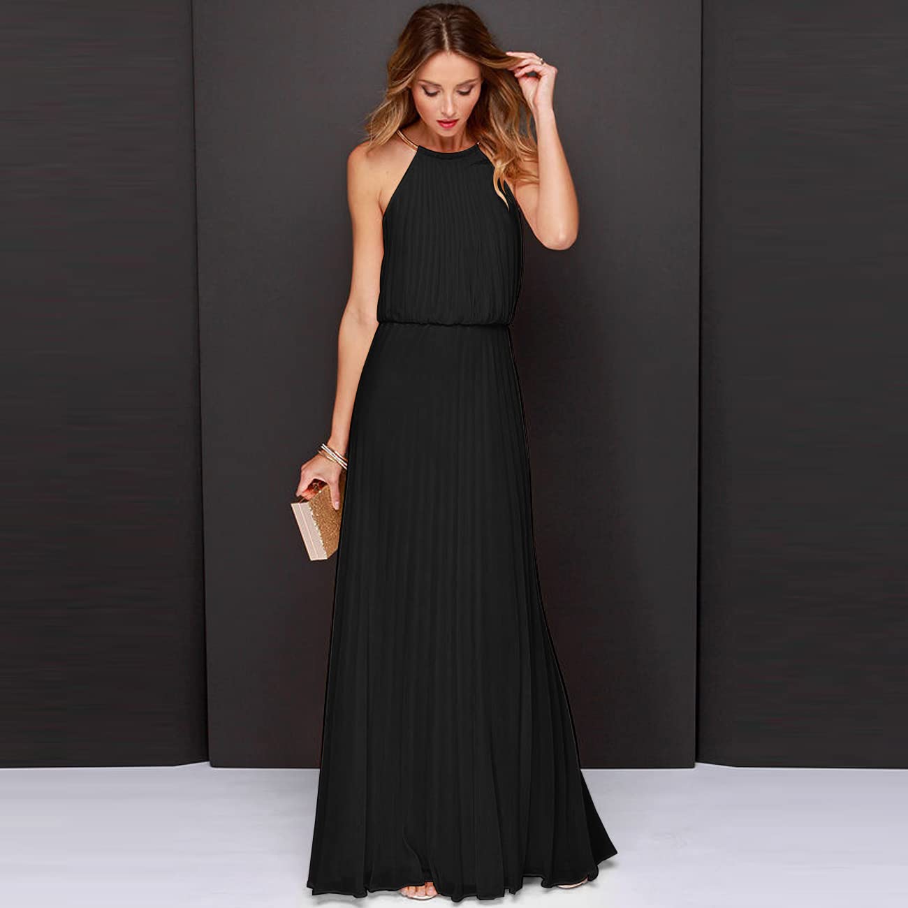 Vestito Donna Eleganti Abito da Sera Lungo Vestito con Senza Maniche Bodycon Cocktail Aderente Party