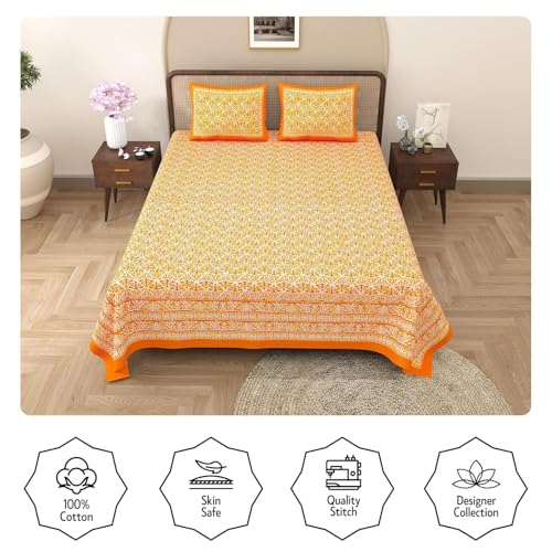 Image of Opulent Collection Double Bedsheet with 2 Pillow Cover | 100% Cotton Bedsheets for Double Bed | Handloom Bedsheet | Size 86x90 inches | King Size (90X102 Inches) (Tahiti Gold, King)
