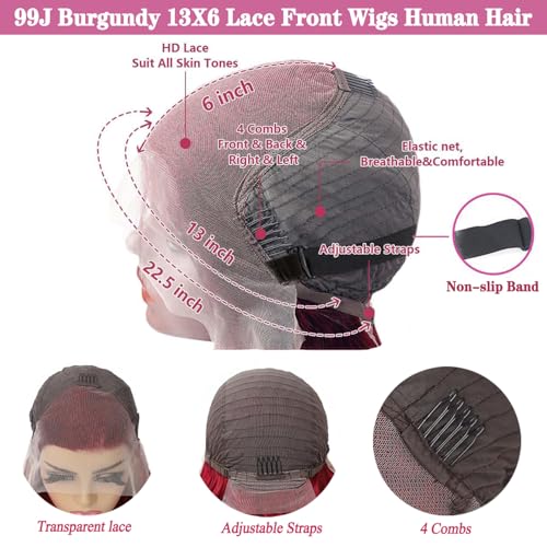 Image of JTMMP 20 Inch 99J Burgundy Lace Front Wigs Human Hair 13x6 Body Wave Lace Front Wigs Human Hair Pre Plucked 99j Burgundy Red Wine Glueless Wigs for Women