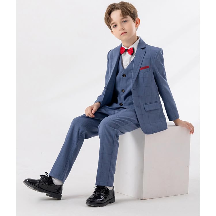 Generic Boys 6 Pcs Set Formal Plaid Suits Wedding Christening Dresswear Birthday Party Baptism Outfits with Bow Tie Light Blue for 5-6