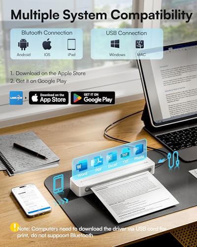 Image of Portable Printers Wireless for Travel, D90E Bluetooth Inkless Thermal Printer, Supports 8.5 inch X 11 inch Thermal Paper, Mobile Printer for Phone Laptop with Case & 10 Papers, for Home Office, White