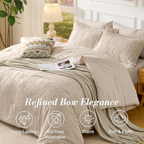 Image of 7 Pieces Bow Tufted Boho Comforter Set Khaki Farmhouse Shabby Chic Embroidered Bedding for All Seasons King Size with Comforter Sheets Pillowcases Shams