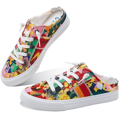 Image of Obtaom Women Canvas Mules Memory Foam Clipper Fashion Sneakers Comfortable Slip-On Mule Backless Holiday Shoes