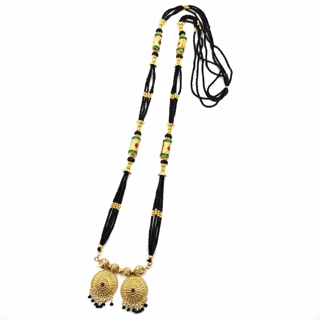 swaroop designer Gold Plated 34 Inch Extra Long Black Bead Lamba Vala Maharashtrian 2 Vati Designe Mani Mangalsutra-picture-36