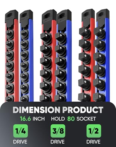 Image of ALOANES Magnetic Socket Organizer Set, 6PC Heavy Duty Aluminum Socket Holder Organizer, 360 Swivel Clips Socket Holder Kit for Toolbox Drawer Fit 1 /2, 3 /8, 1 /4-Inch x 80 Clips (Red&Blue, 6PC)