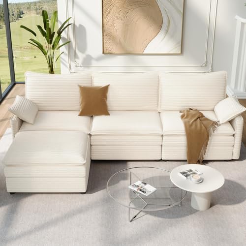 Image of Vesgantti 108 inch Modular Sectional Sofa, Comfy Cloud Couch with Movable Ottoman Deep Seat Corduroy L Shaped Modular Sofa, Sectional Couches for Living Room, Bedroom and Apartment, Beige