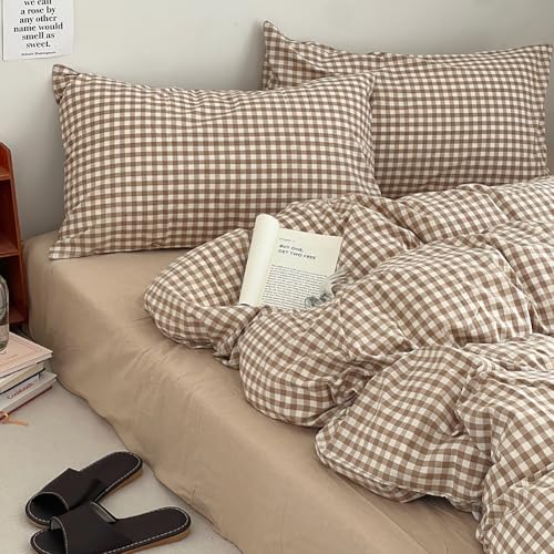 Image of Nayoroom Brown Gingham Duvet Cover Queen Size Tan White Plaid Checkered Duvet Cover 3 Pieces Grid Dorm Bedding Set with 2 Pillowcases, Soft Breathable Washed Microfiber