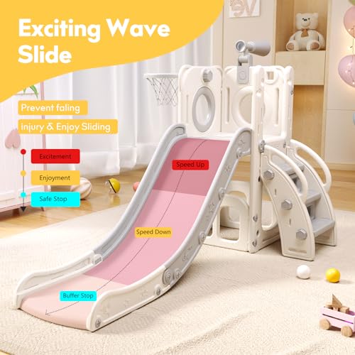 6 in 1 Toddler Playset with Slide,Toddler Slide,Slide for Kids with Basketball Hoop,Ball,Ring Toss,Kids Slide Toddler Playground Toddler Slide Indoor Outdoor Toys