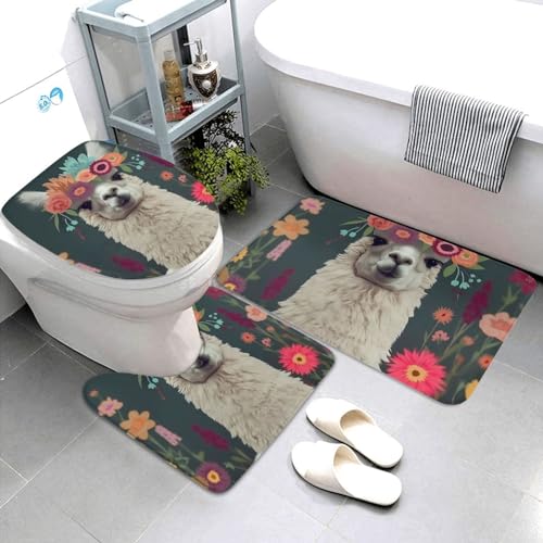 Dwrepo Flower Alpaca Print Bathroom Rug Set 3 Piece with Non-Slip U-Shaped Contour Mat and Toilet Lid Cover for Bathroom Decoration
