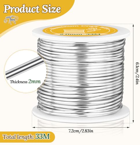 VynyQoo 2mm Basteldraht, 33M Biegbar Flexibel Silber Aluminiumdraht, Schmuckdraht, Silberdraht zum Basteln Für DIY-Skulpturen, Modellieren, Schmuckherstellung, Blumenbasteln Und Drahtweben