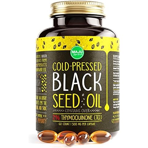 MAJU's Black Seed Oil Capsules - Cold Pressed, 2% Thymoquinone, 100% Turkish Black Cumin Nigella Sativa Seed Oil, 100% Liquid Pure Blackseed Oil 60 Count, 500mg per Capsule Cover