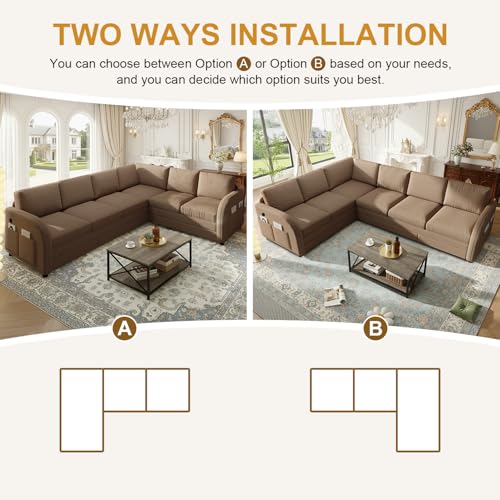 Image of KCGKCG 115.2 inch L Shaped Couch Bed, Sectional Couches for Living Room, Teddy Fabric Sleeper Sofa Bed with Pull Out Couch, Convertible Sectional Couch with Charging Station & Side Pocket, Brown