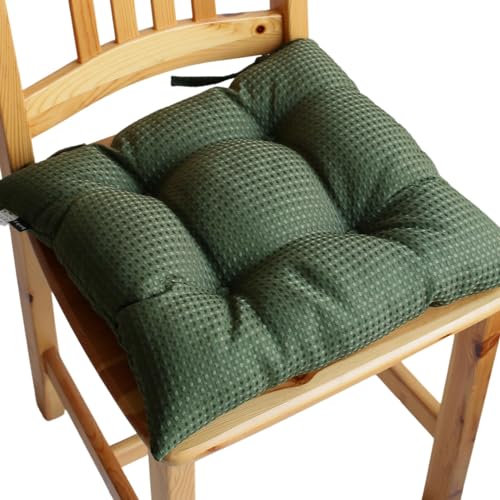Hokushin(ホクシン) ひも付き クッション 日本製 チェアクッション ダイニングチェア 約45×45cm シートクッション htset (4枚セット, 撥水ワッフル:モスグリーン)