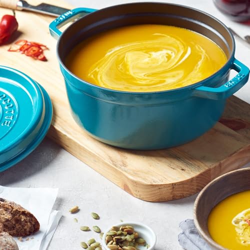 Image of STAUB Cast Iron Round Cocotte, Dutch Oven, 4-quart, serves 3-4, Made in France, Turquoise