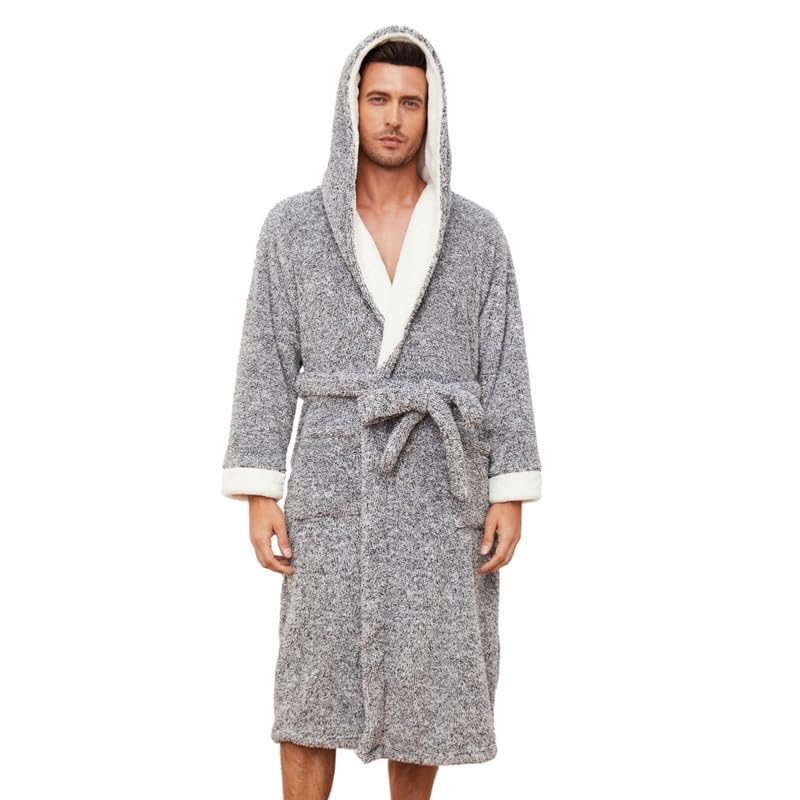 Vulcanodon Mens Plush Hooded Robe, Soft Fluffy Mens Fleece Robe Long Warm Men Bathrobes