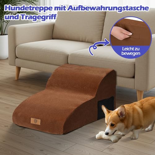 Eukue Hundetreppe 2 Stufen, Verlängert Hunderampe für Kleine Hunde und Katzen, Hochdichtem Schaum Haustiertreppe für Bett und Sofa aus, Tragbare Treppe für Hunde mit Waschbarem Bezug(Braun)
