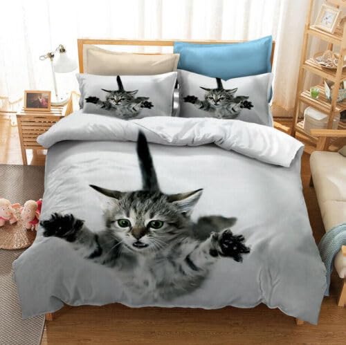 Housse de couette chat gris 90x190 avec taie d'oreiller 65x65 en microfibre