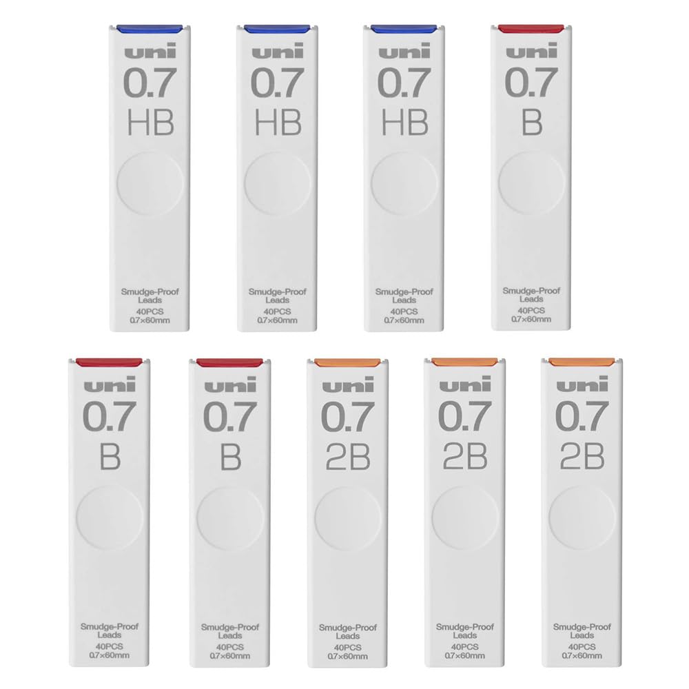 Lot de 9 recharges de mines anti-bavures, 0,7 mm, taille moyenne, 3 jeux de 3 niveaux (HB, B, 2B), 40 pièces par distributeur (360 pièces au total), lot de 9