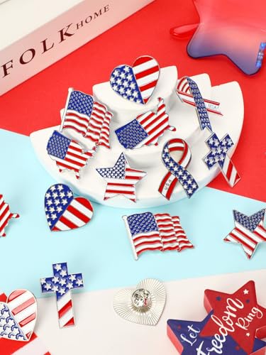 Image of JUNEBRUSHS 28 pcs American Flag Lapel Enamel Brooch Pins for Memorial Day 4th of July Veteran Gifts Pins Souvenir Hat Men Women Patriotic Clothes Backpacks Decor Accessories