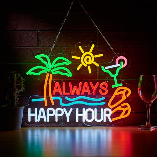 Always Happy Hour Beer Bar Neon Sign for Wall Dcor Dimmable USB LED Neon Light for Home Tiki Bar Decor Man Cave Parties Gift