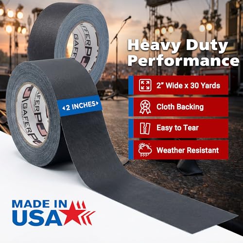 Image of Gaffer Power Black Gaffer Tape 2 inch x 30 Yards (24 Rolls) - No Residue, Bulk Case, Made in USA, Professional Grade Matte Cloth Tape for Stage, Film & Cable Management