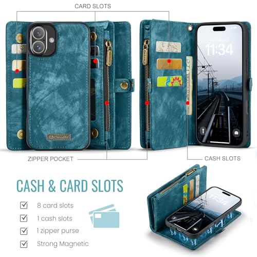 Kowauri Wallet Case for iPhone 16, Zipper Purse Folio Leather Wallet with Card Holder Wrist Strap Detachable Magnetic Shockproof Protective Back Case for iPhone 16 6.1 inch (Blue) by Kowauri - Image 2