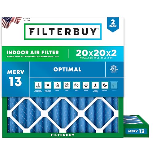 Filterbuy 20x20x2 Air Filter MERV 13 Optimal Smoke & Allergy Defense (2-Pack) Electrostatic Pleated HVAC AC Furnace Filters Replacement Made in USA (Actual Size: 19.50 x 19.50 x 1.75)