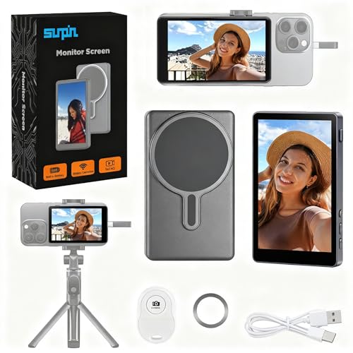SUNPIN Vlog Selfie Monitor Screen for iPhone & Android 4-Inch Wireless Back Camera Monitor Magnetic Clip-On Phone Monitor with Speaker 400-Lumen Display Rechargeable Battery for TikTok Gray