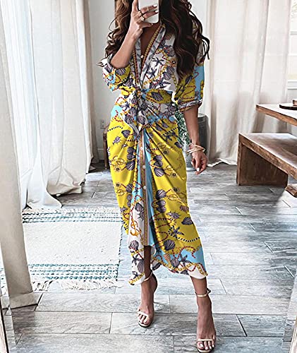 Image of FYEARFOX Women's Button Down Shirt Dress Ruched Split Maxi Dresses Long Sleeve Wrap V Neck Tie Waist Party Clubwear