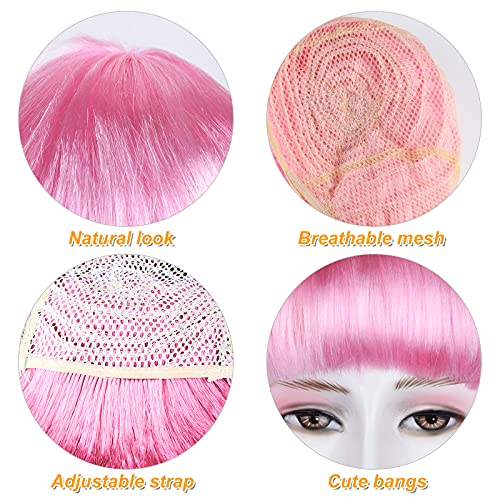 Image of PLULON Pink Short Bob Wig and Sunglass Set, Neon Short Bob Wig Sunglass Pack Costume Colorful Cosplay Wig Hairpieces for Bachelorette Neon Party Favors, Halloween Decorations