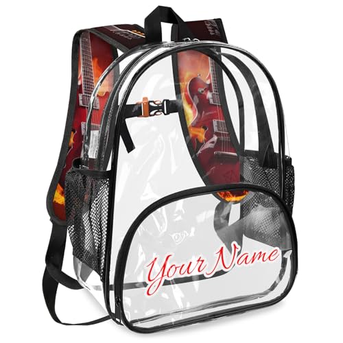 Personalized Large Clear Backpack Stadium Approved Heavy Duty PVC Plastic Custom Funny Guitar Transparent Backpacks See Through Bag with Name, Retro Electric Guitar Music2