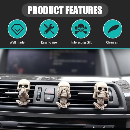 Image of 3 PCS Car Skull Air Fresh Clips, 1.15 inch x 2.1 inch Creative and Interesting Air Conditioning Vent Clips, Halloween Car Interior Accessories, Universal for Most Cars (White)