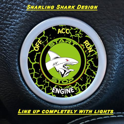 Image of TOOLEPIC Push Start Button Cover for Dodge Challenger Charger Durango Chrysler Journey Ram Accessories 2015-2024, Engine Start Stop Ignition Switch Kit -Angry Shark Design-Crazy Green Custom Fit