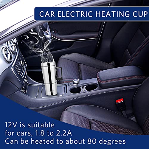 HERCHR 300ml Car Electric Tea Kettle, 12V Stainless Steel Electric In-car Travel Heating Cup Car Water Heater Travel Portable Heating Cup with Lid for Most Car Cup Holders, 6.5X19.5cm
