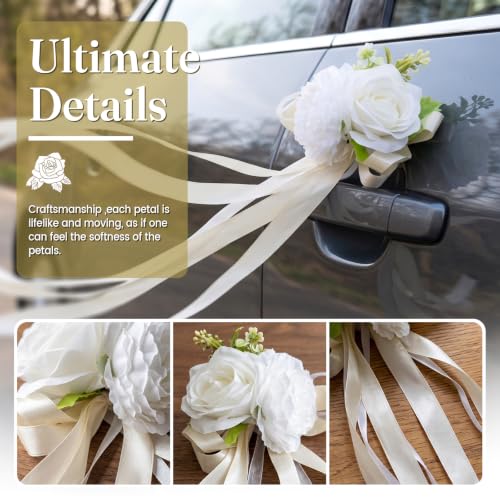 Image of 6 Pcs Wedding Car Door Handle Flowers - White Rose & Peony | Floral Bouquet Car Door Handle & Mirror Flowers with Satin Ribbon Bows , for Just Married Car Decoration