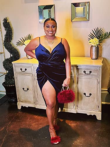 Image of Missufe Women's Sleeveless Spaghetti Strap Wrap V Neck Bodycon Ruched Slit Midi Party Cocktail Velvet Dress