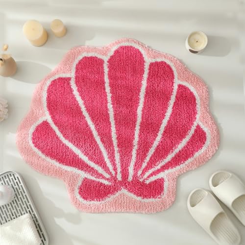 Image of YRXRUS Seashells Bathroom Rug, Pink Bathroom Rugs, Ocean Decor Shell Bath Mat Gifts, Cute Seashell Shaped Bath Rugs for Sea Room Decor, Machine Washable & Non-Slip Bath Mat, 22x26 Inch