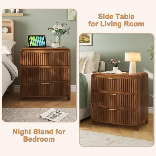 Image of Walnut Nightstand Set of 2 with Charging Station, Fluted Wood Bedside Table with 3 Drawers, 24 Inch Modern Night Stand End Table for Bedroom, Walnut Brown
