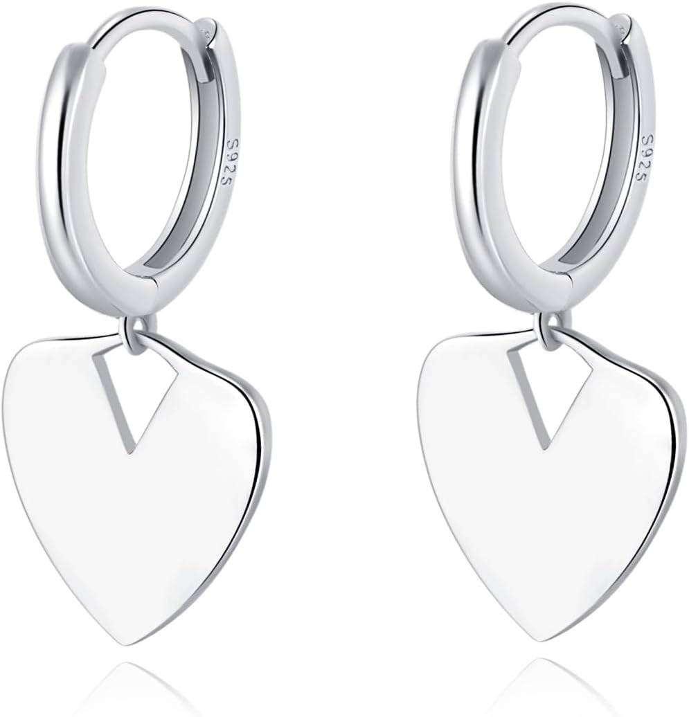 Reffeer Solid 925 Sterling Silver Love Heart Drop Earrings Hoop for Women Teens Heart Hoop Dangle Earrings Huggie