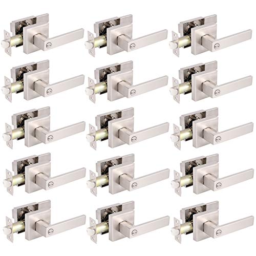 15 Pack Satin Nickel Square Door Levers with Privacy Lock,for Bedroom and Bathrom,Zinc Alloy Made Heavy Duty