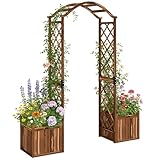 Outsunny Wooden Garden Arch with Planters, Outdoor Rose Arch Trellis for Climbing Vines, Decorative Garden Arbor for Wedding Party, Carbonised