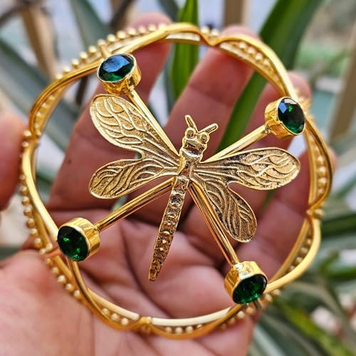 Image of Hair Bun Cage Accessory for Women | Handcrafted Brass Juda Cover with Stick | Anti-Tarnish Traditional Hair Accessory for Wedding & Festive (Dragonfly Green Crystal Hair Bun (Golden))