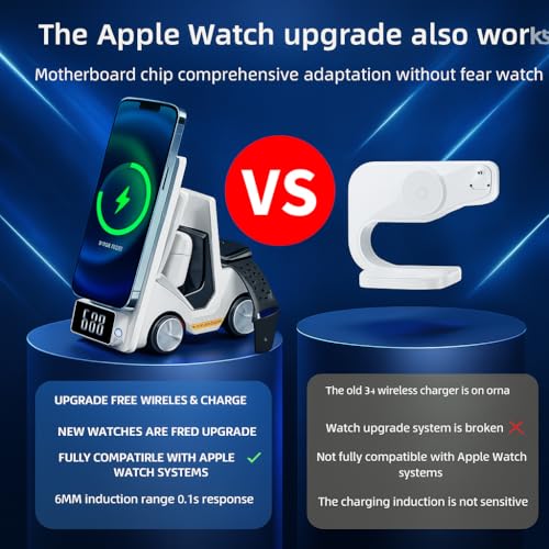 Image of Topgo 5-in-1 Wireless Charger with Alarm Clock & LED Light | 3 in 1 Charging Dock for iPhone 16 /15 /14 /13 /Samsung S25 /S24 /Nothing 3 /3a pro /2 /OnePlus 13s /13 /12, Apple Watch 10 /9 /8, Air Pods, Car Shape