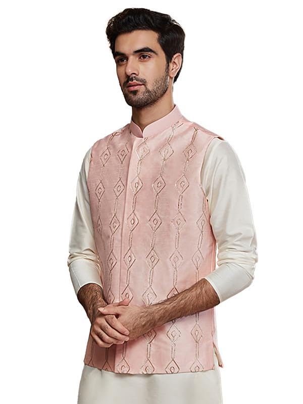 kisah Men's Jacket, Pink Dupion Silk, Embellished Regular Fit Mandarin Collar Sleeveless-picture-49