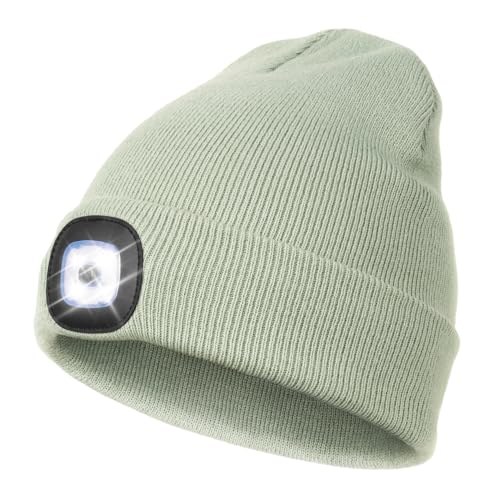 Wmcaps Gorro con luz LED, recargable USB, manos libres, linterna frontal, gorro de punto, gorro de invierno, gorro cálido, gorra de faro para camping, correr, regalos para hombres y mujeres, Gris