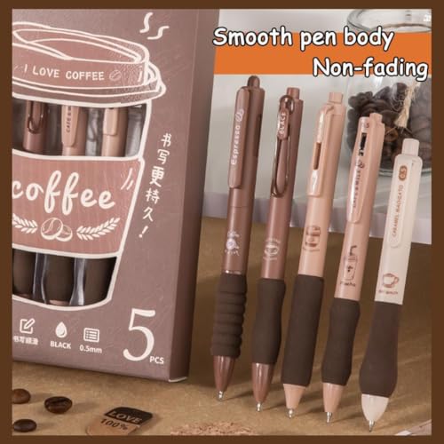 Image of Coffee Blue Gel Pen Set of 5 Soft Grip Retractable Aesthetic Kawaii Japanese Cute Gel Pens Fancy Cool Best Stationery Gel Pens for School Office Writing